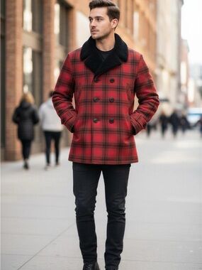 Pendleton Red and Black Plaid Wool Pea Coat with Black Collar